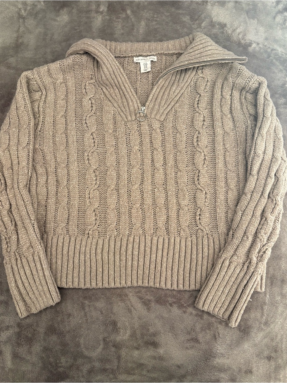 Sincerely Jules Taupe Cable-Knit Half-Zip Turtleneck Sweater